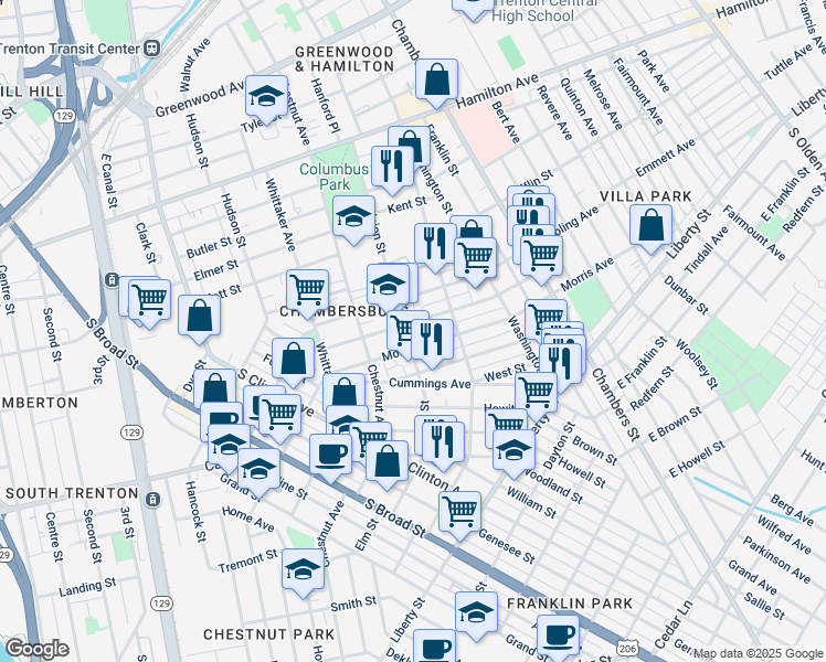 map of restaurants, bars, coffee shops, grocery stores, and more near 308 Division St in Trenton