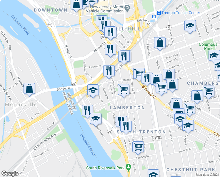 map of restaurants, bars, coffee shops, grocery stores, and more near 40-44 Daymond Street in Trenton