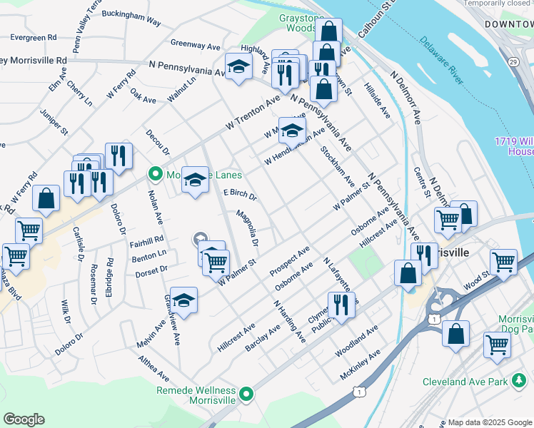 map of restaurants, bars, coffee shops, grocery stores, and more near 425 Jefferson Avenue in Morrisville