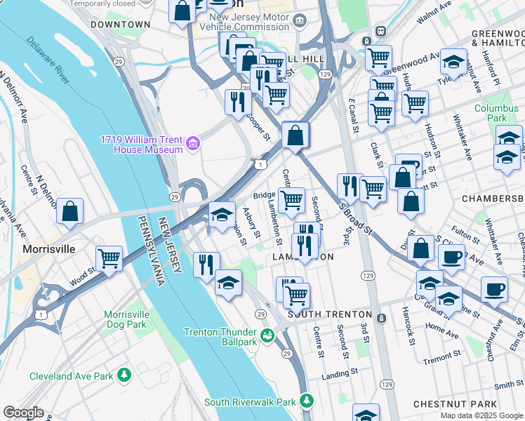 map of restaurants, bars, coffee shops, grocery stores, and more near 36 Power Street in Trenton