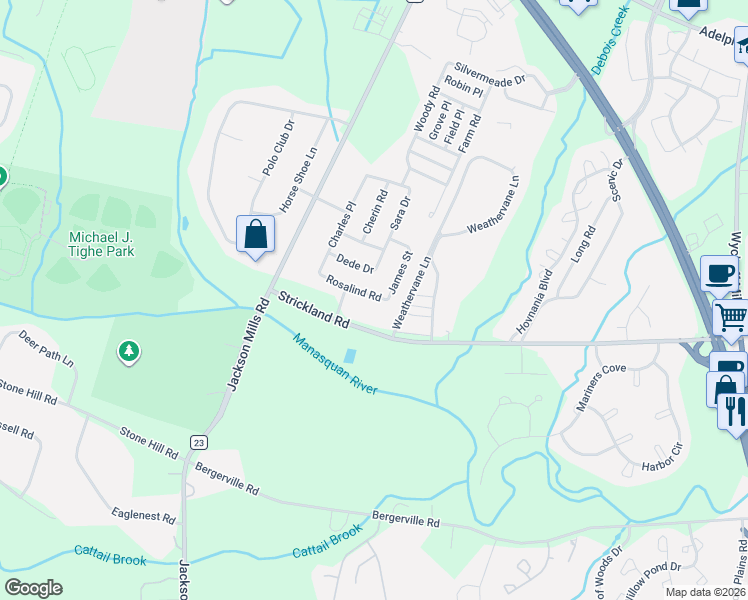 map of restaurants, bars, coffee shops, grocery stores, and more near 514 Rosalind Road in Freehold Township