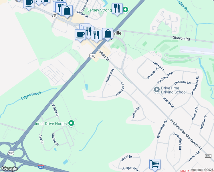 map of restaurants, bars, coffee shops, grocery stores, and more near 1 Grapevine Court in Robbinsville Township