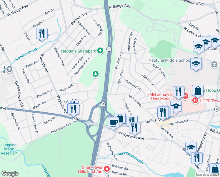 map of restaurants, bars, coffee shops, grocery stores, and more near 905 Fordham Road in Neptune City