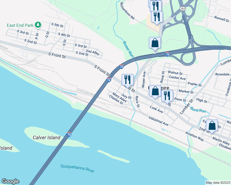 map of restaurants, bars, coffee shops, grocery stores, and more near 29 Jury Street in Highspire