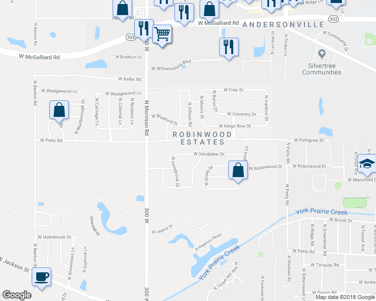 map of restaurants, bars, coffee shops, grocery stores, and more near 4600 West Sandpiper Drive in Muncie