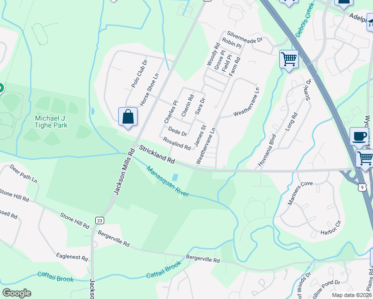 map of restaurants, bars, coffee shops, grocery stores, and more near 514 Rosalind Road in Freehold Township