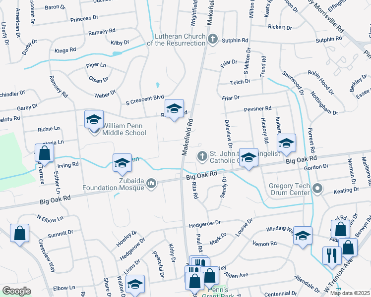 map of restaurants, bars, coffee shops, grocery stores, and more near 8 Pennsbury Court in Yardley