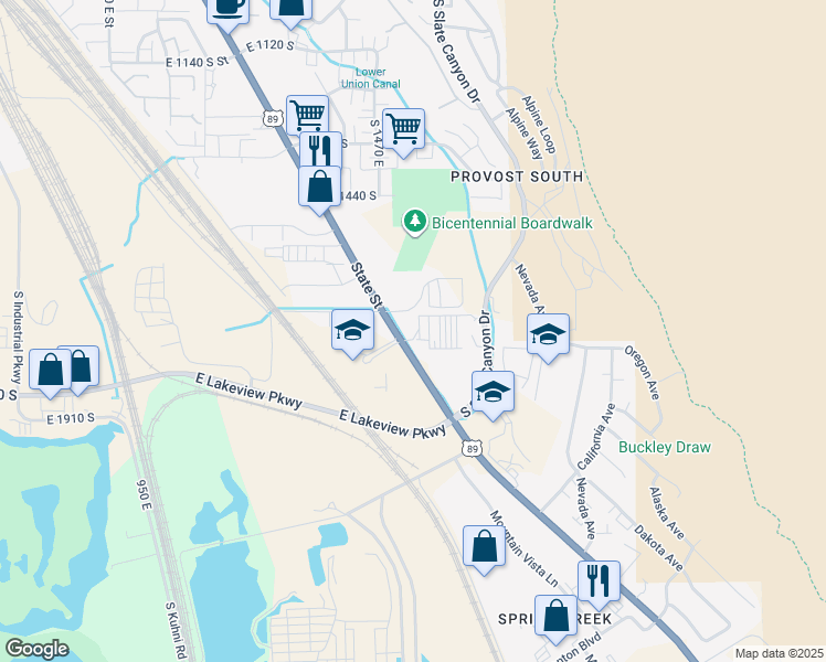 map of restaurants, bars, coffee shops, grocery stores, and more near 1685 South State Street in Provo