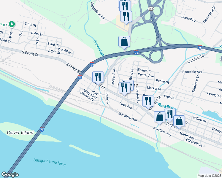 map of restaurants, bars, coffee shops, grocery stores, and more near 114 2nd Street in Highspire