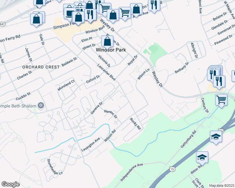 map of restaurants, bars, coffee shops, grocery stores, and more near 1077 Lancaster Boulevard in Mechanicsburg