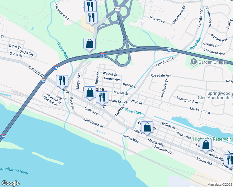 map of restaurants, bars, coffee shops, grocery stores, and more near 277 Market Street in Highspire