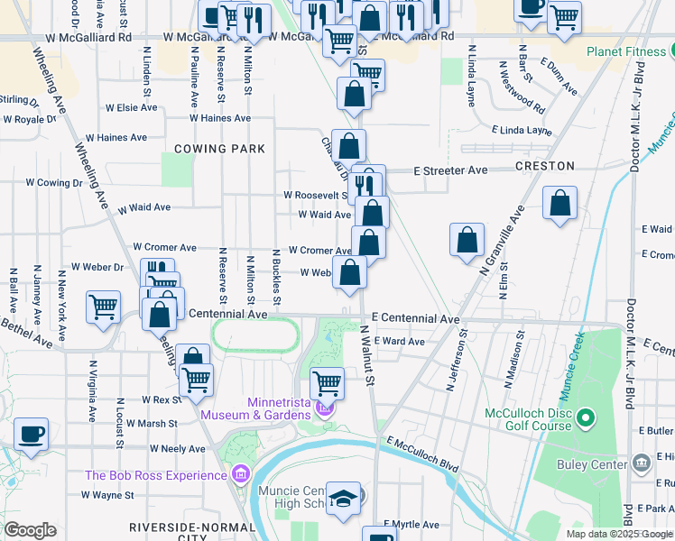 map of restaurants, bars, coffee shops, grocery stores, and more near 110 West Weber Drive in Muncie