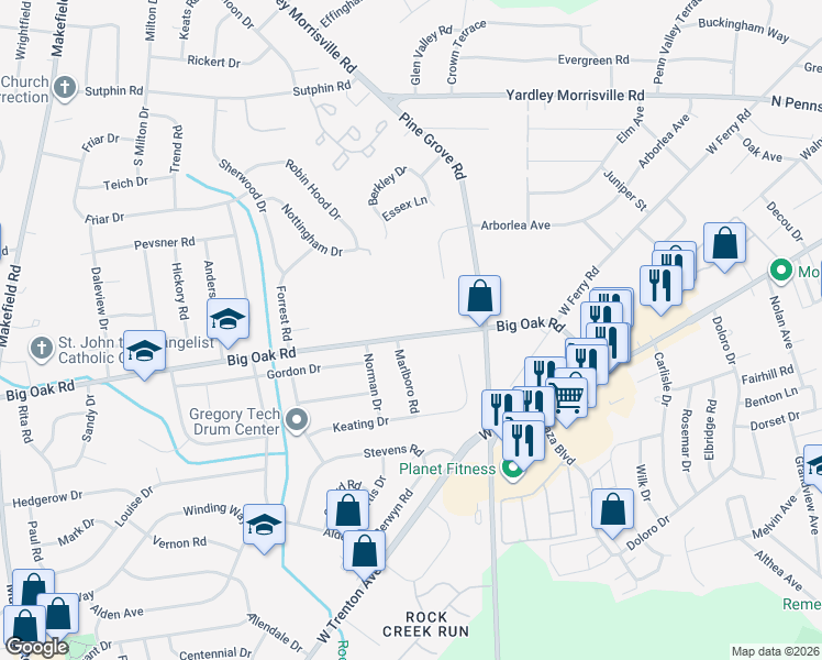map of restaurants, bars, coffee shops, grocery stores, and more near 326 Big Oak Road in Morrisville