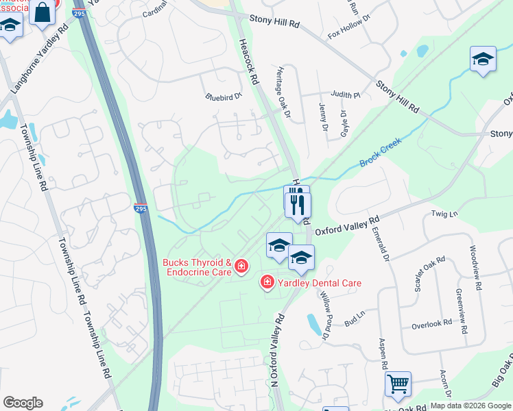 map of restaurants, bars, coffee shops, grocery stores, and more near 5403 Spruce Mill Drive in Yardley
