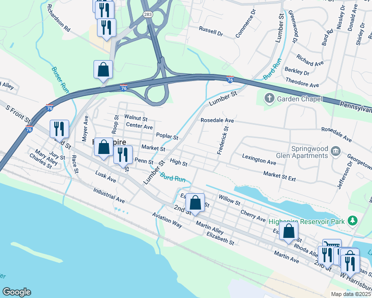 map of restaurants, bars, coffee shops, grocery stores, and more near 352 Market Street in Highspire
