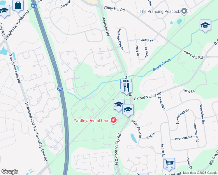 map of restaurants, bars, coffee shops, grocery stores, and more near 5002 Spruce Mill Drive in Yardley