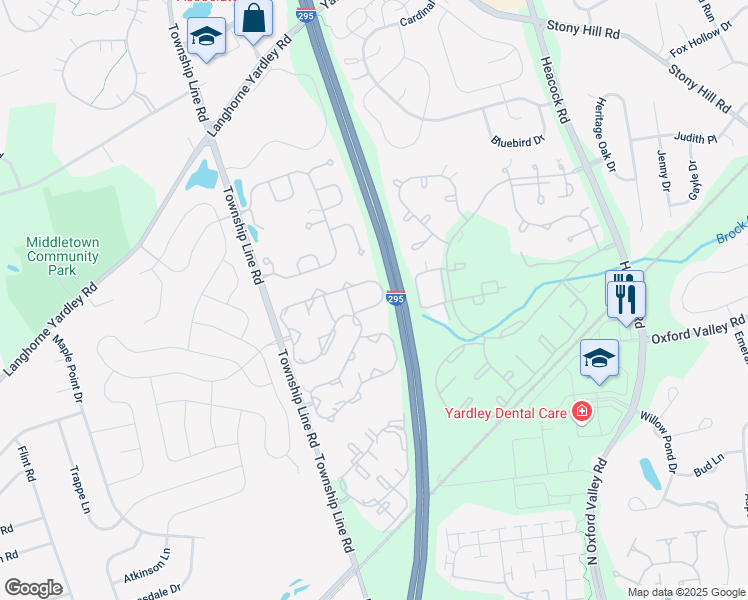 map of restaurants, bars, coffee shops, grocery stores, and more near 2402 Waterford Road in Yardley