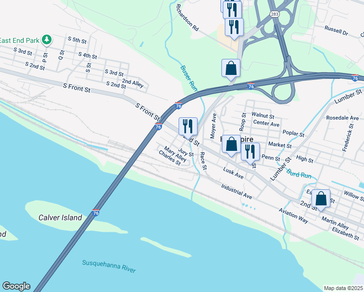 map of restaurants, bars, coffee shops, grocery stores, and more near 32 Wetzel Street in Highspire
