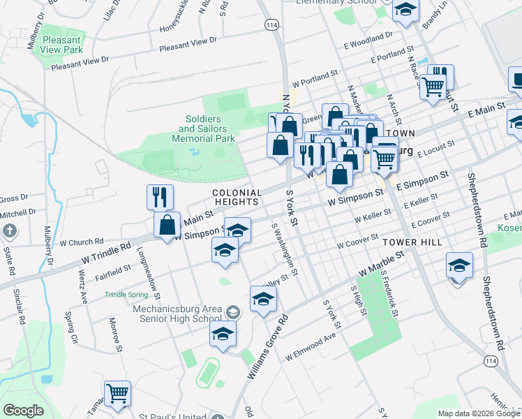 map of restaurants, bars, coffee shops, grocery stores, and more near 13 South Washington Street in Mechanicsburg