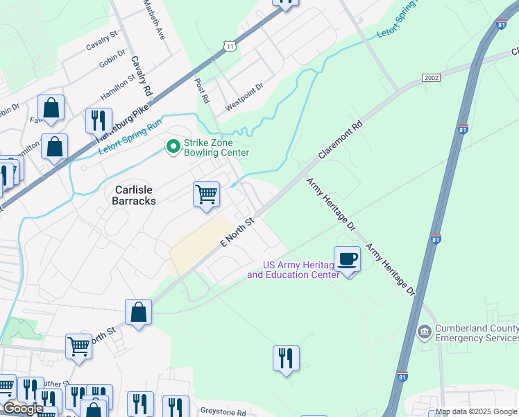 map of restaurants, bars, coffee shops, grocery stores, and more near 11 Parker Spring Avenue in Carlisle
