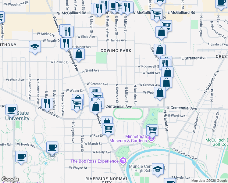 map of restaurants, bars, coffee shops, grocery stores, and more near 1813 North Reserve Street in Muncie
