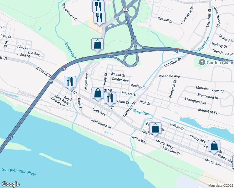 map of restaurants, bars, coffee shops, grocery stores, and more near 249 Market Street in Highspire