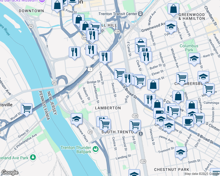 map of restaurants, bars, coffee shops, grocery stores, and more near 127 Second Street in Trenton