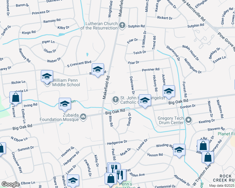 map of restaurants, bars, coffee shops, grocery stores, and more near 6 Pennsbury Court in Yardley