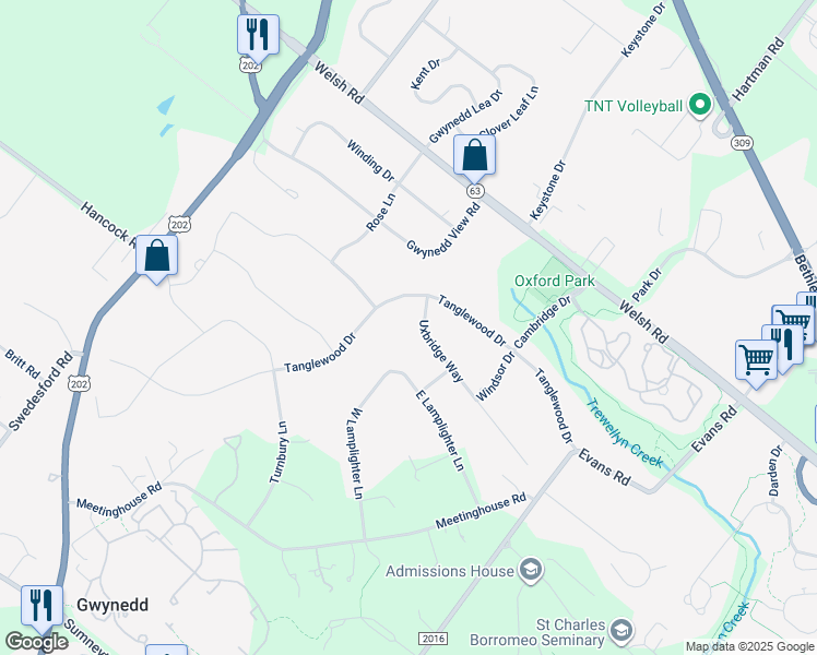 map of restaurants, bars, coffee shops, grocery stores, and more near 1386 Uxbridge Way in North Wales