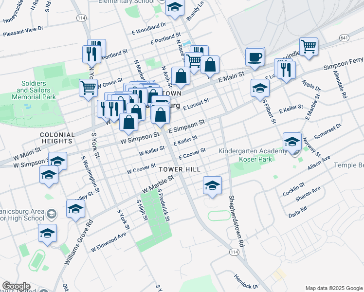 map of restaurants, bars, coffee shops, grocery stores, and more near 16 East Keller Street in Mechanicsburg