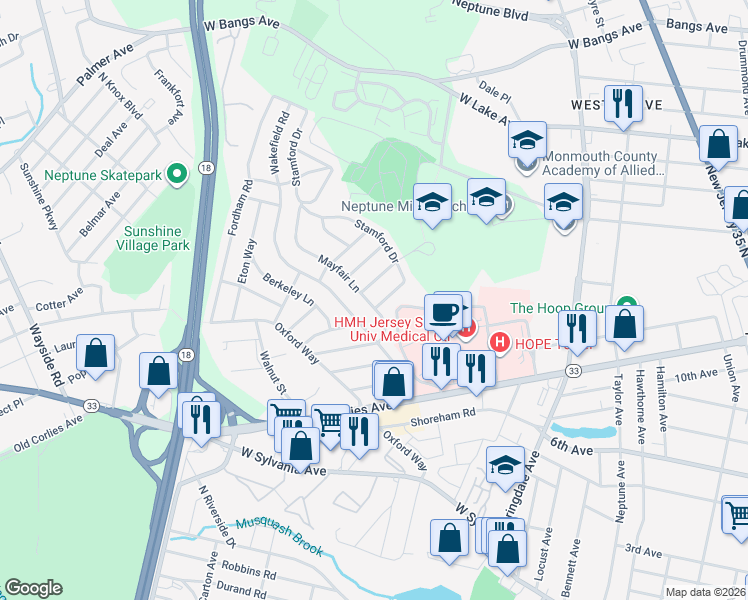map of restaurants, bars, coffee shops, grocery stores, and more near 500 Mayfair Lane in Neptune City