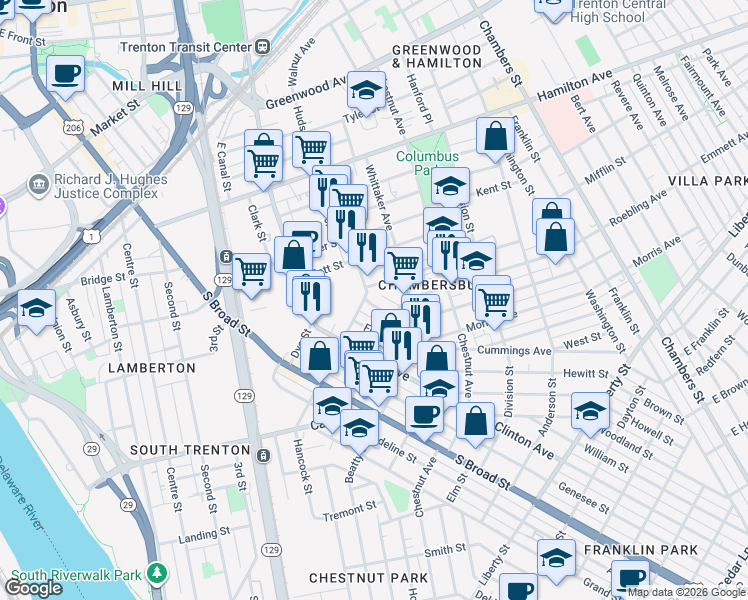 map of restaurants, bars, coffee shops, grocery stores, and more near 8 Cove Street in Trenton