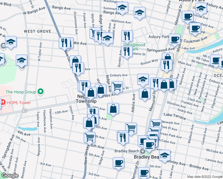 map of restaurants, bars, coffee shops, grocery stores, and more near 152 Division Street in Neptune City