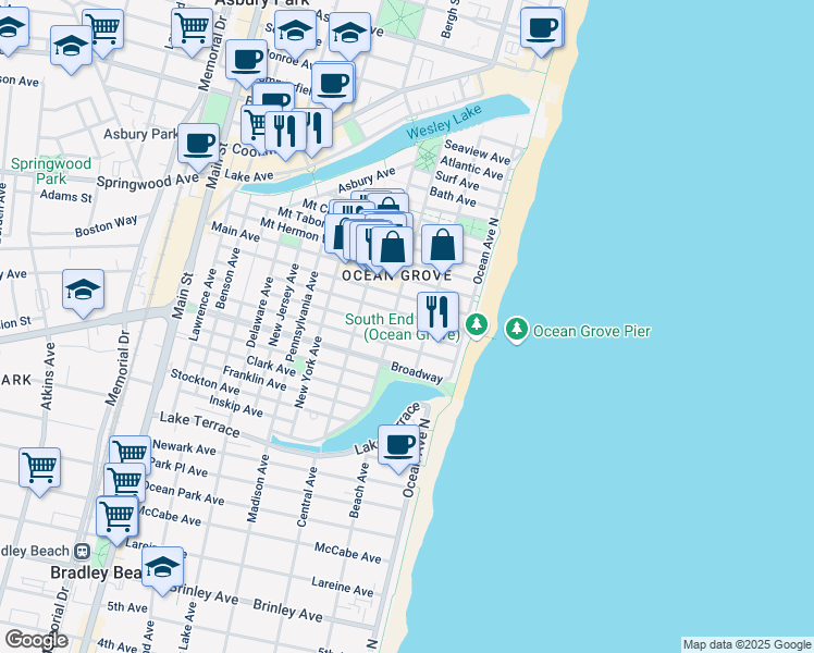 map of restaurants, bars, coffee shops, grocery stores, and more near 20 Embury Avenue in Neptune Township