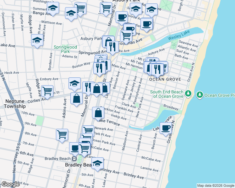 map of restaurants, bars, coffee shops, grocery stores, and more near 128 Broadway in Neptune Township