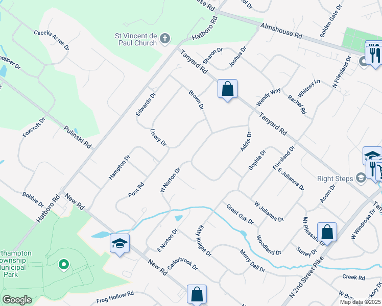 map of restaurants, bars, coffee shops, grocery stores, and more near 125 Addis Drive in Southampton
