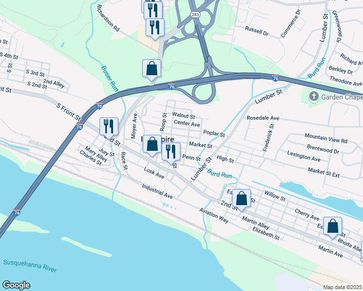 map of restaurants, bars, coffee shops, grocery stores, and more near 249 Market Street in Highspire