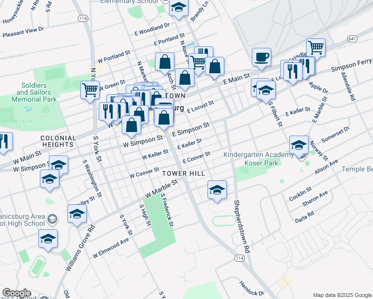 map of restaurants, bars, coffee shops, grocery stores, and more near 16 E Keller St in Mechanicsburg