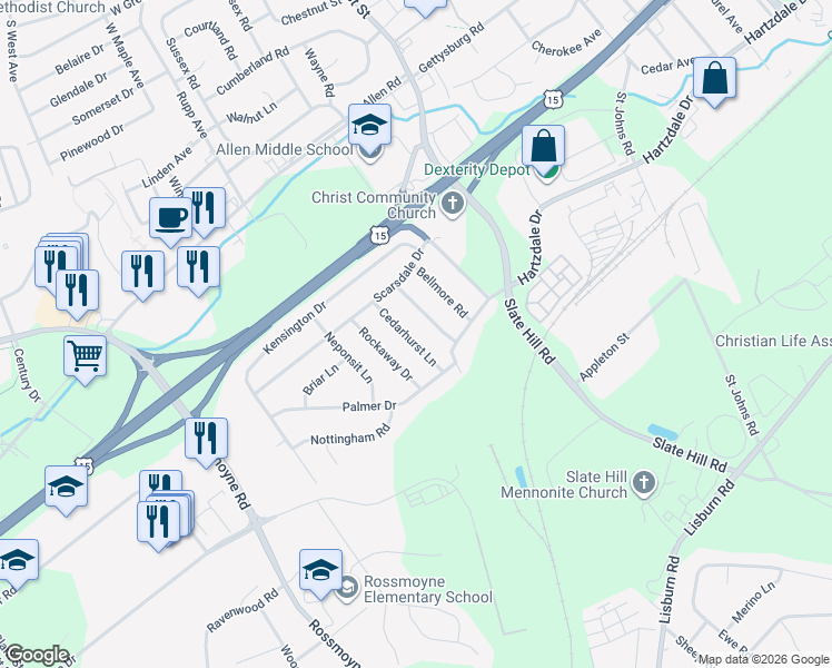 map of restaurants, bars, coffee shops, grocery stores, and more near 14 Cedarhurst Ln in Camp Hill