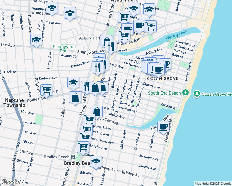 map of restaurants, bars, coffee shops, grocery stores, and more near 128 Broadway in Ocean Grove