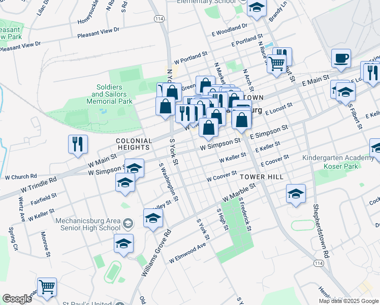 map of restaurants, bars, coffee shops, grocery stores, and more near 211 West Simpson Street in Mechanicsburg