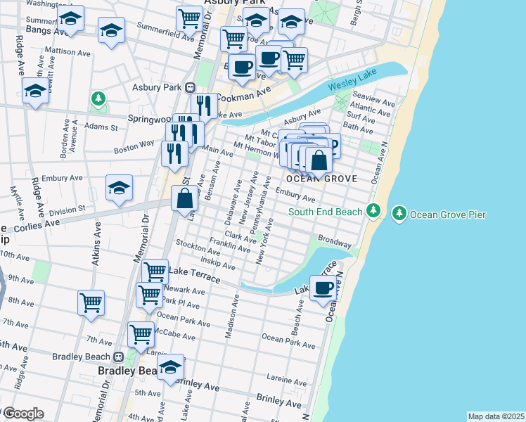 map of restaurants, bars, coffee shops, grocery stores, and more near 88 Abbott Avenue in Monmouth County