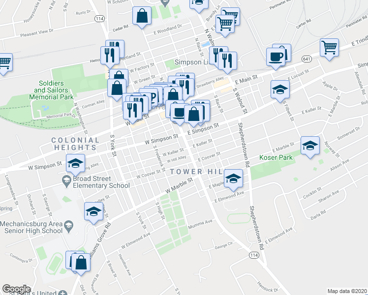 map of restaurants, bars, coffee shops, grocery stores, and more near 222b South Market Street in Mechanicsburg