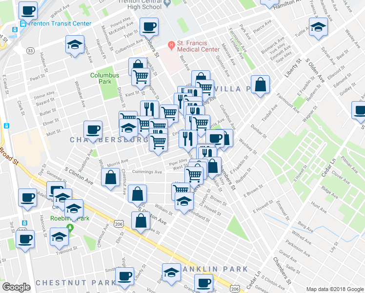 map of restaurants, bars, coffee shops, grocery stores, and more near 375 Morris Avenue in Trenton