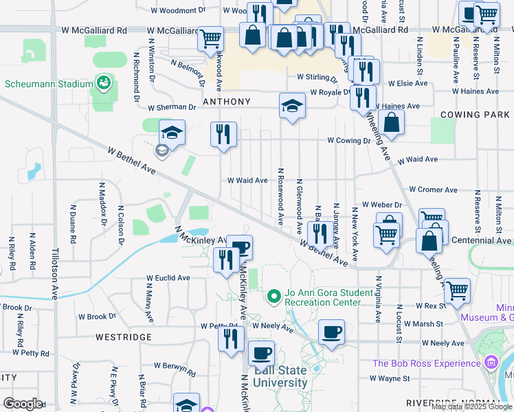 map of restaurants, bars, coffee shops, grocery stores, and more near 1901 North Maplewood Avenue in Muncie