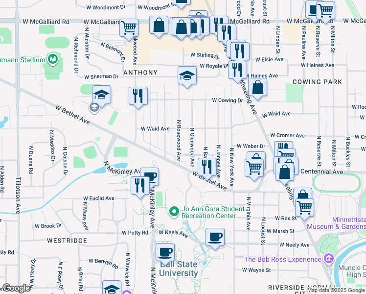 map of restaurants, bars, coffee shops, grocery stores, and more near 1900 N Rosewood Ave in Muncie