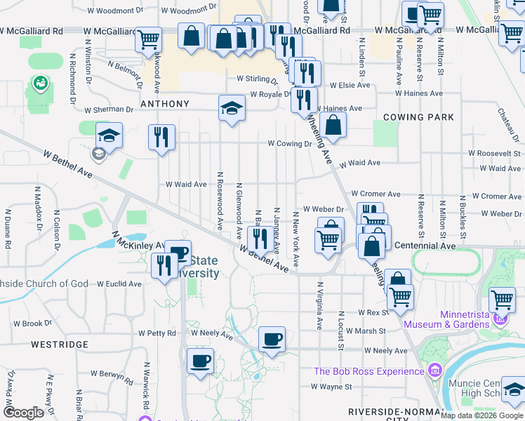 map of restaurants, bars, coffee shops, grocery stores, and more near 1901 North Janney Avenue in Muncie