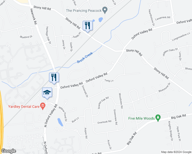 map of restaurants, bars, coffee shops, grocery stores, and more near 1436 Oxford Valley Road in Morrisville