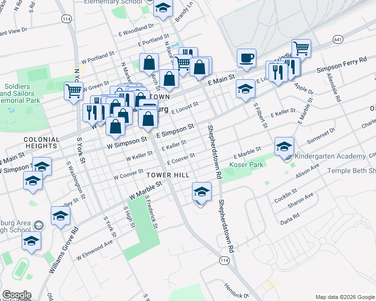 map of restaurants, bars, coffee shops, grocery stores, and more near 309 South Arch Street in Mechanicsburg
