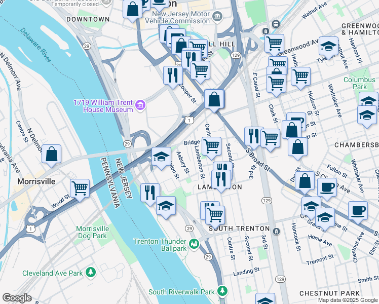 map of restaurants, bars, coffee shops, grocery stores, and more near 36 Power Street in Trenton